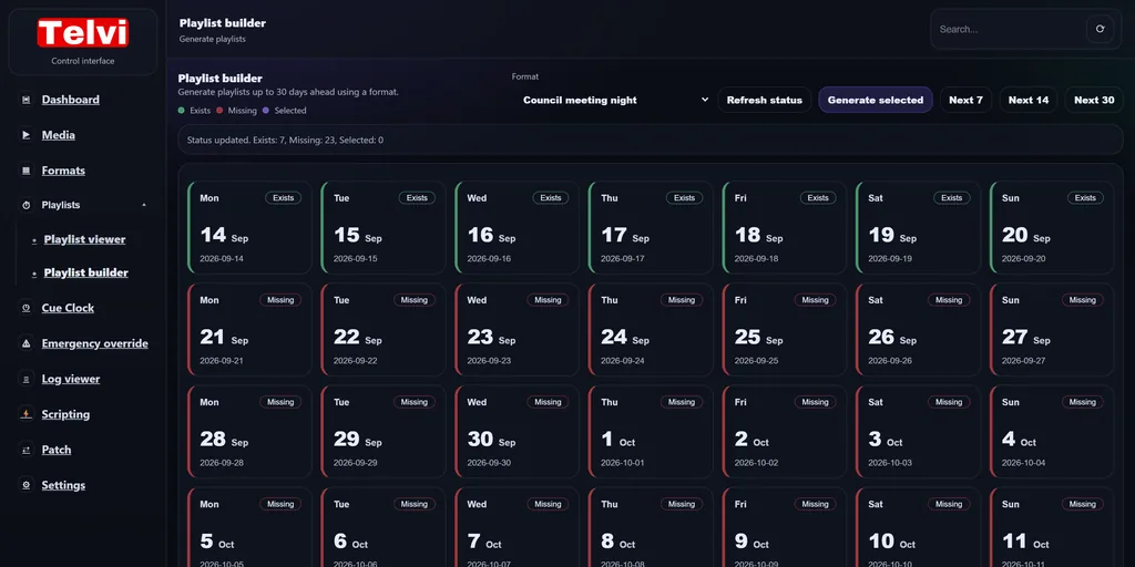 Playlist builder calendar showing which of the next 30 days already have a playlist and which are still missing, plus the emergency fallback playlist.