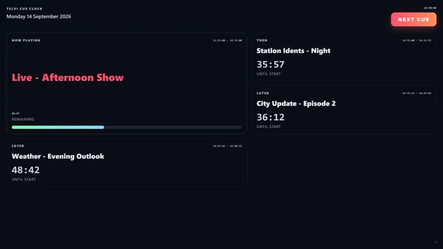 Cue Clock display: a live show is on air with its remaining time, the NEXT CUE button is armed and the next items count down.