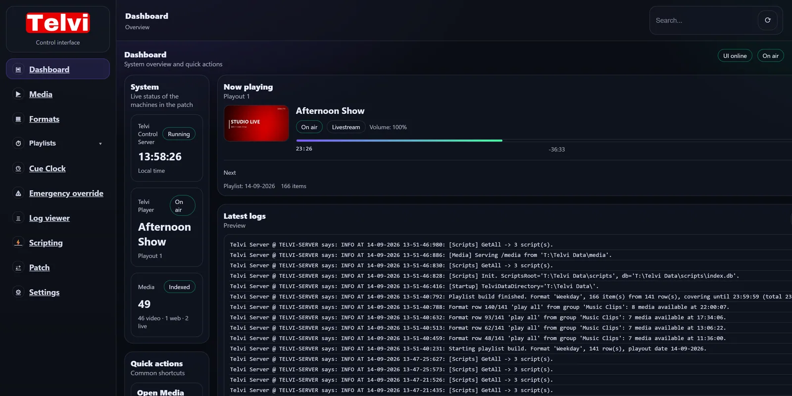 Telvi Server dashboard: the control server is running, Telvi Player is on air with a live show, 49 media items are indexed and the latest log lines are shown.