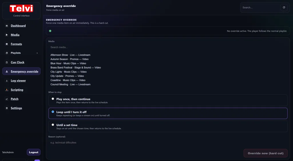 Emergency override page: search a media item and choose play once, loop until turned off, or until a set time, then override now.