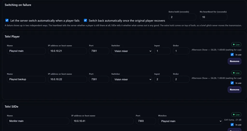 Patch page in Telvi Server: a main and a backup Player on a video switcher, each watched by SilDe, with automatic switching and automatic return enabled.