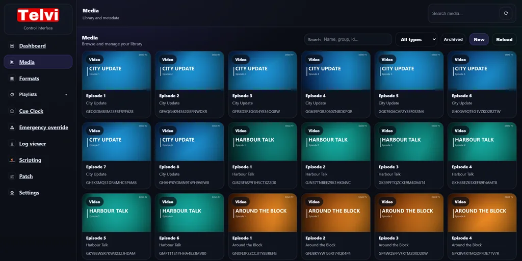 Telvi Server media library with episodes, idents, promos and music clips shown as thumbnails, grouped per programme.