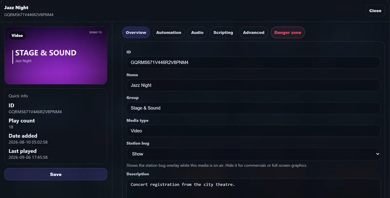 Media editor for a concert registration, with its group, description and station bug setting.