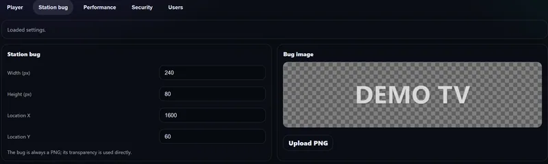 Station bug settings with width, height and position, next to a preview of the transparent logo.