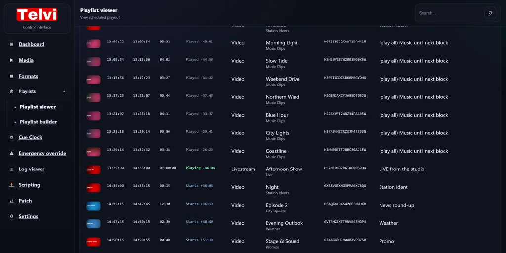 Playlist viewer with today's playlist: every item with start, end and duration, the live show marked as playing and the upcoming items with their start times.